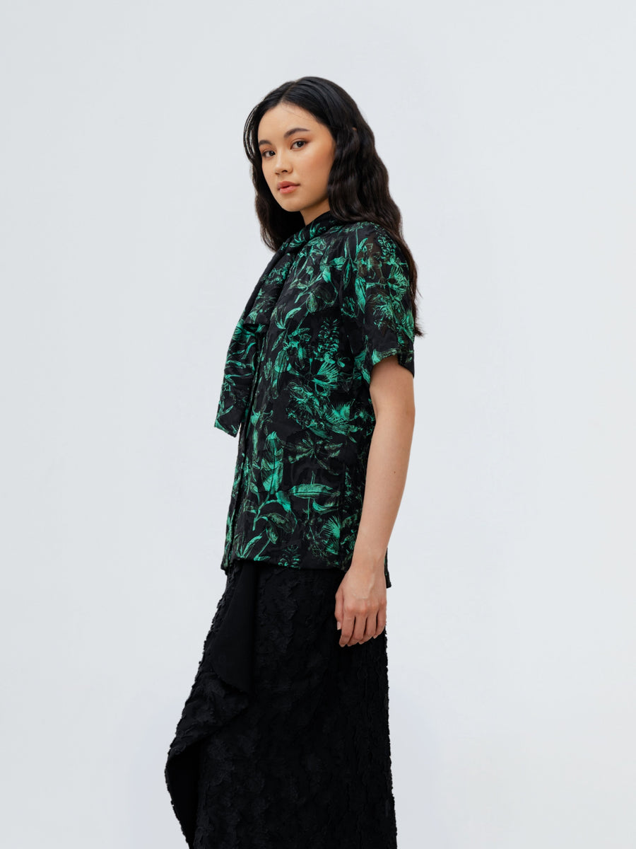 CLEMENCIA BLOUSE LEAVES - BLACK GREEN